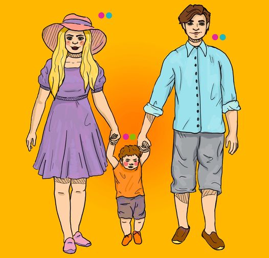 rodzice z dzieckiem trzymający się za ręce na żółtym tle